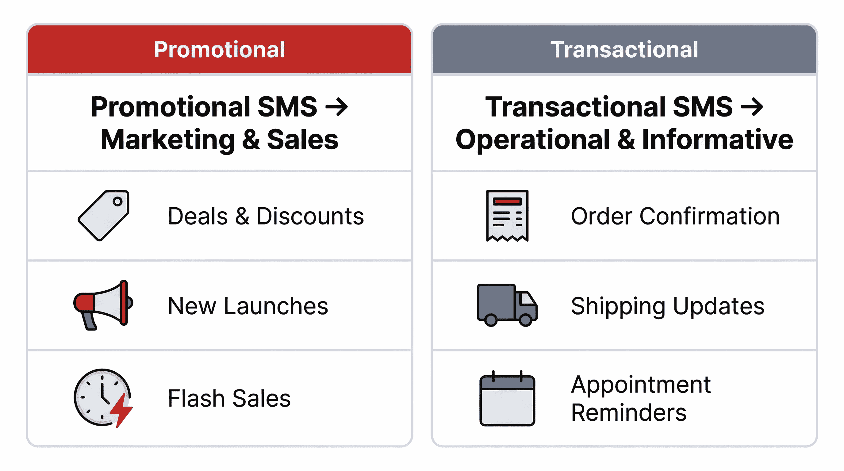 Promotional vs transactional SMS comparison chart showing marketing offers vs order, delivery and OTP updates